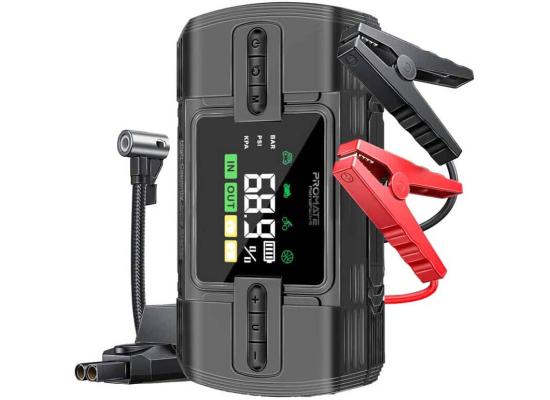 Promate PatrolPack-3 Jump Starter Power bank & Flashlight, 1200A/12V High-Capacity, 150PSI Air Compressor, 12000mAh, Fast Charging Ports, Automatic TPMS Function, Black